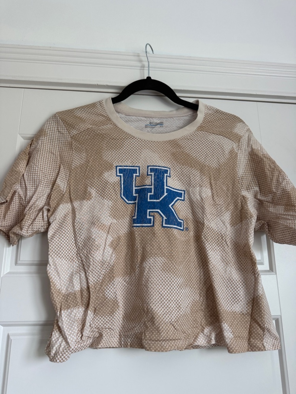 Columbia Beige Camo Crop Top with Blue UK Logo